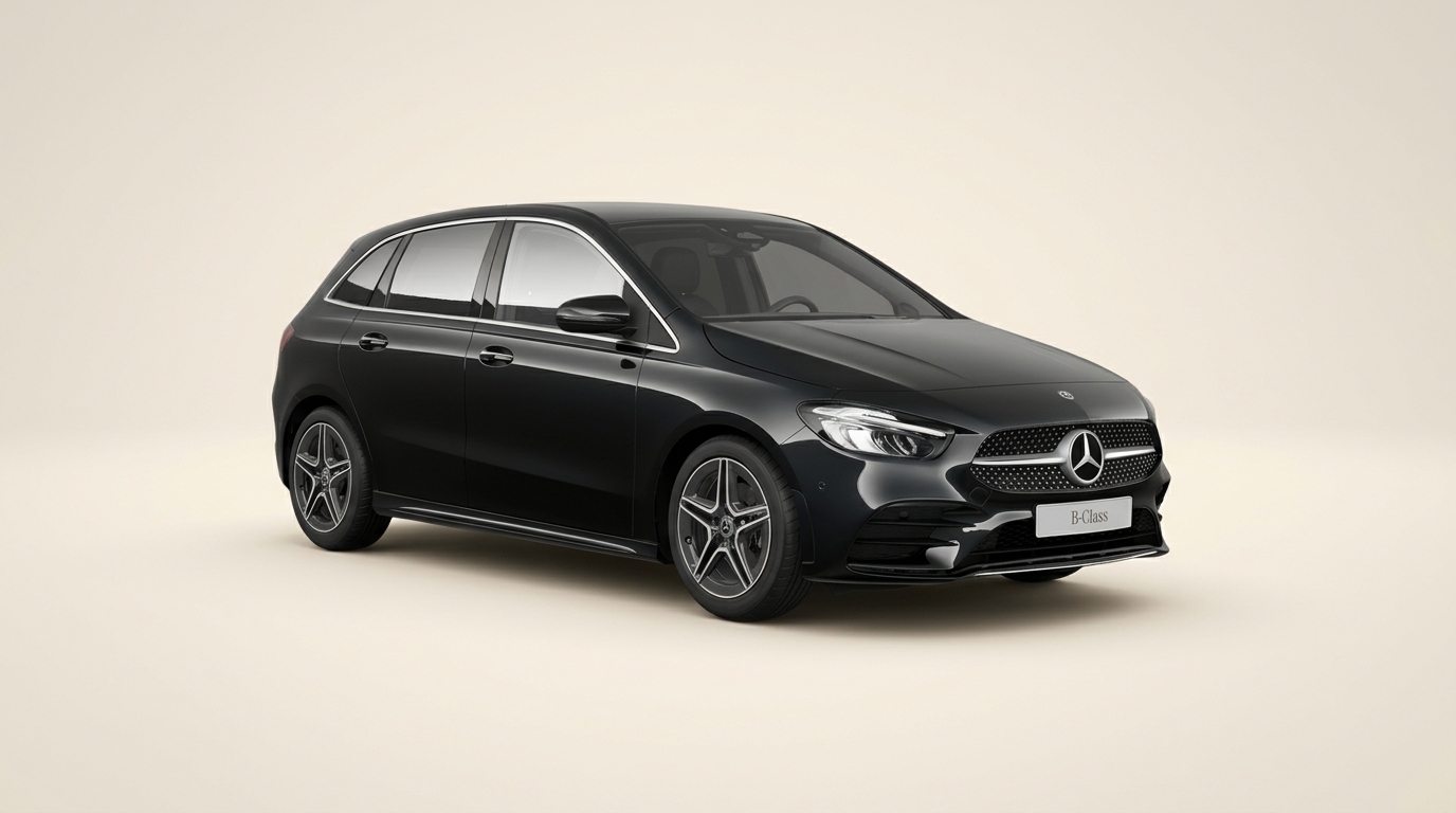 Fran standing next to the black Mercedes B-Class training car